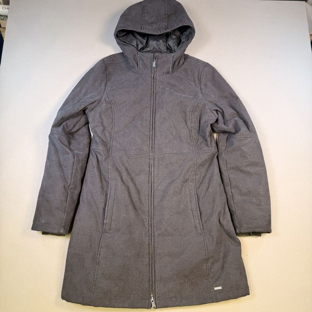 PRANA Dark Grey Women’s Large Jacket Coat Zip Long  Quilted Hood Warm